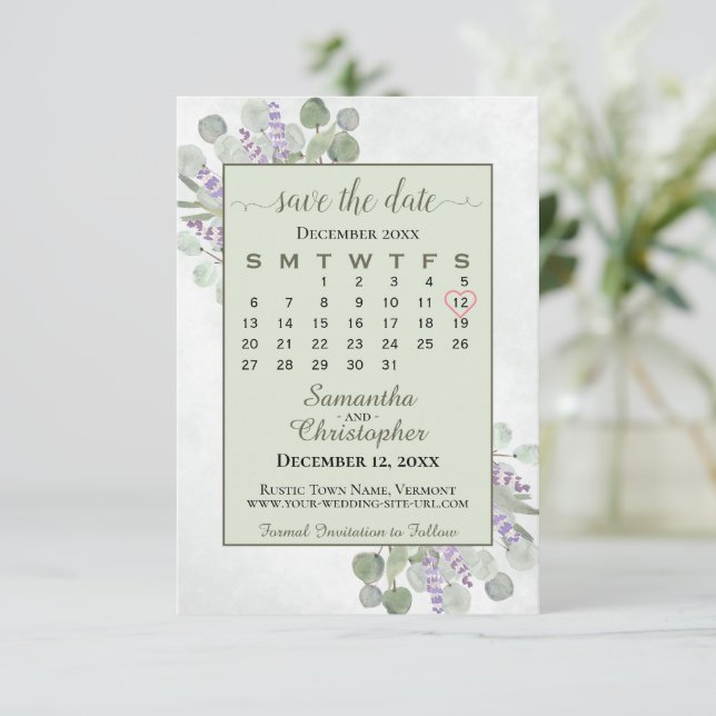 Reserva La Fecha Boda verde del calendario de lavanda de eucalipto  (Anverso de pie)