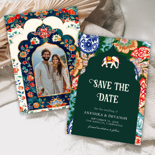Reserva La Fecha Boda verde esmeralda del elefante de arte folclóri