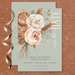 Reserva La Fecha Boda Verde Floral Boho Terracotta Melocotón y Crem