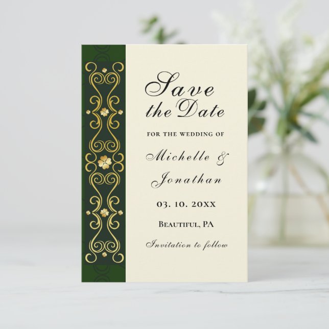 Reserva La Fecha Boda verde oscuro de oro elegante irlandés (Anverso de pie)
