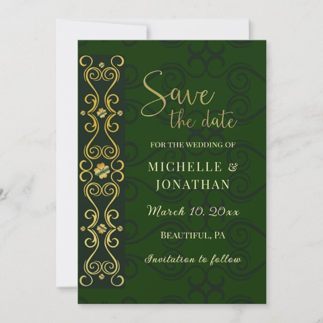 Reserva La Fecha Boda Verde Oscuro del oro elegante irlandés (Anverso)