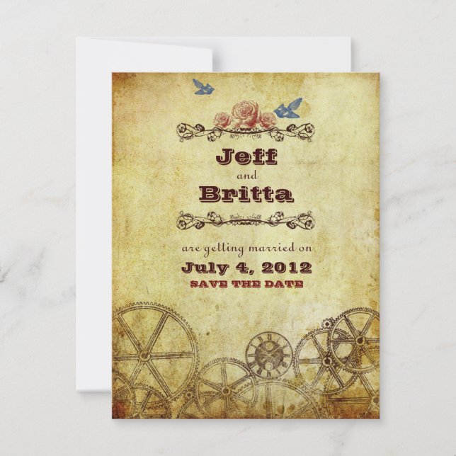Reserva La Fecha Boda Victoriana Steampunk de Falso Oro Antiguo (Anverso)