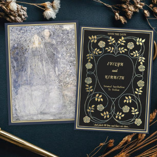 Reserva La Fecha Boda Vintage Art Nouveau Éterea de Navy y Dorado
