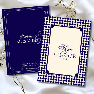 Reserva La Fecha Boda Vintage Azul Marino de Cuadros Old Money