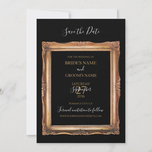 Reserva La Fecha Boda Vintage Black & Gold (Anverso)