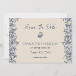 Reserva La Fecha Boda vintage con borde floral azul