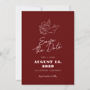 Reserva La Fecha Boda Vintage Cupido Querubín Rojo Escrito a Mano
