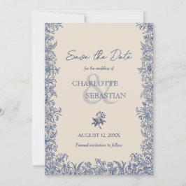 Reserva La Fecha Boda vintage de frontera botánica azul