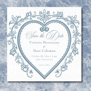 Reserva La Fecha Boda Vintage Elegante Chinoiserie Corazón Azul