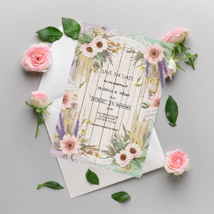 Reserva La Fecha Boda Vintage Jardín Rústico de Encaje Floral