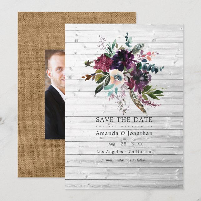 Reserva La Fecha Boda Violet Bordo Floral Rústica Bohemiana (Anverso / Reverso)
