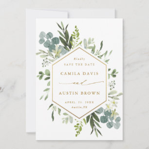 Reserva La Fecha Boda Watercolor Greenery Gold Hexagon