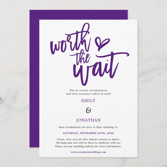 Reserva La Fecha Boda Worth the Wait Script Purple (Anverso / Reverso)