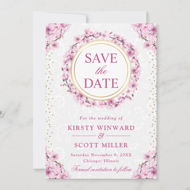 Reserva La Fecha Boda Wreath de flores de cerezo acuarela (Anverso)