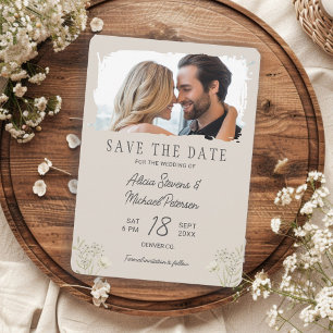 Reserva La Fecha Bodas boho con flores silvestres foto simple beige