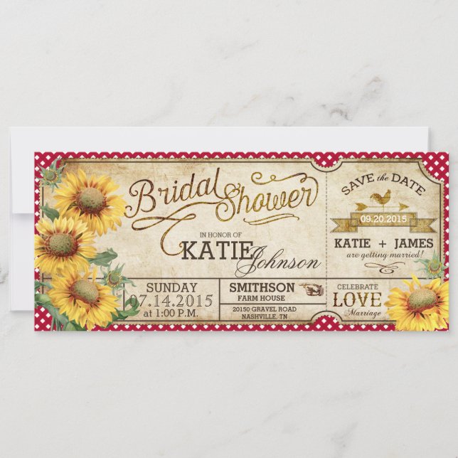 Reserva La Fecha Bodas de campo con girasoles a cuadros (Anverso)