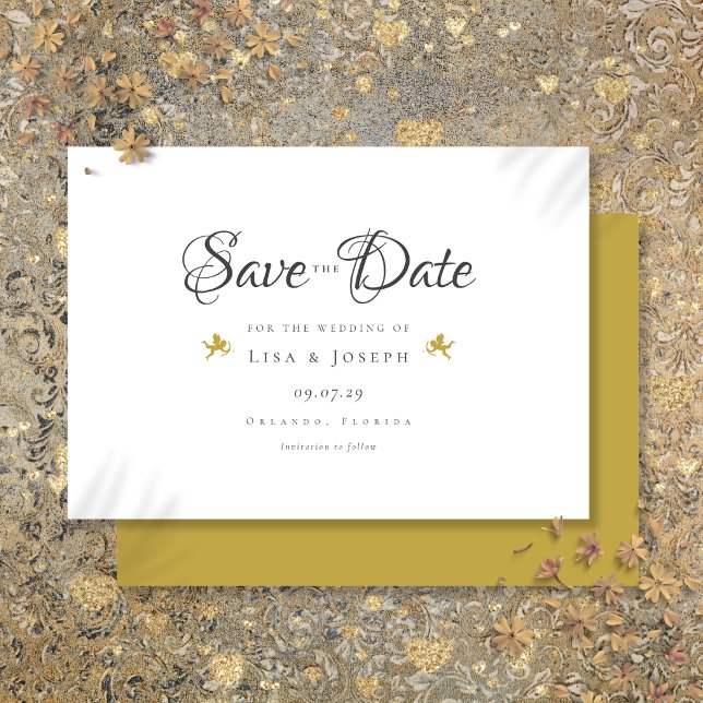 Reserva La Fecha Bodas de Cupidos de Oro Moderno Script Elegante (Gold Cupids Modern Elegant Script Wedding Save The Date
)