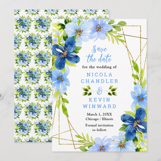 Reserva La Fecha Bodas de flores azules y marinas con follaje (Anverso / Reverso)