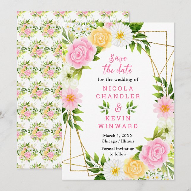 Reserva La Fecha Bodas de flores y follaje amarillas y rosadas de v (Anverso / Reverso)