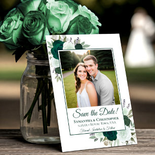 Reserva La Fecha Bodas de Foto Rosas Boho Acuarela Verde Esmeralda