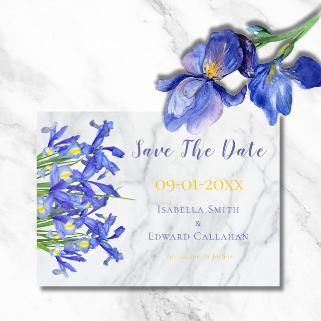 Reserva La Fecha Bodas de mármol gris floral iris azul moderno (Subido por el creador)