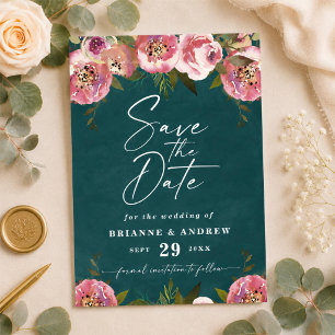 Reserva La Fecha Bodas de moda florecida en verde azulado profundo 