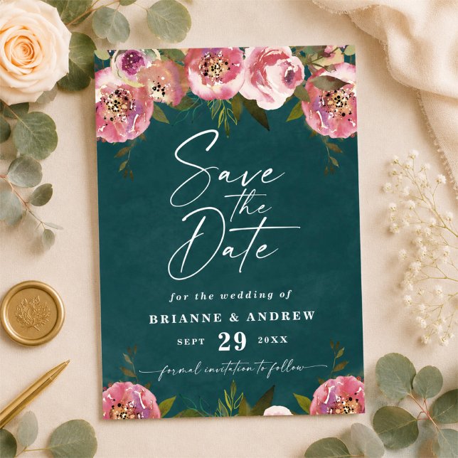 Reserva La Fecha Bodas de moda florecida en verde azulado profundo  (Dark teal and pink floral photo save the dates)