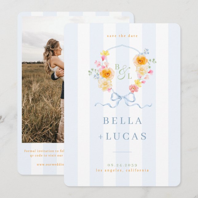 Reserva La Fecha Bodas de primavera con crestas florales y monogram (Anverso / Reverso)