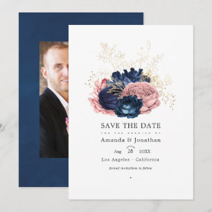 Reserva La Fecha Bodas de Rosas Vintage Azules y Rosadas Foto