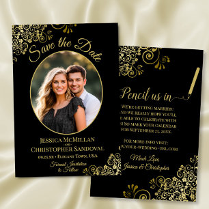 Reserva La Fecha Bodas Elegantes Rizos de Oro Ovalados Foto Negra