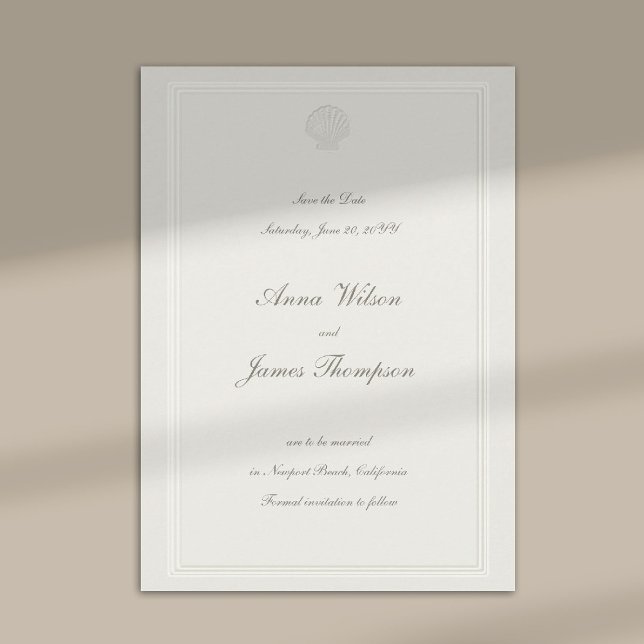Reserva La Fecha Bodas Formales Náuticas de Conchas Marinas en Ecru (modern classic wedding save the date coastal nautical shell ecru script formal traditional elegant)