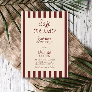Reserva La Fecha Bodas minimalistas retro con rayas de burgundy pro