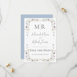 Reserva La Fecha Bodas Monograma de Flores Silvestres Modernas Azul