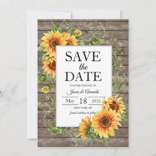 Reserva La Fecha Bodas Personalizadas de Madera Rústica con Girasol