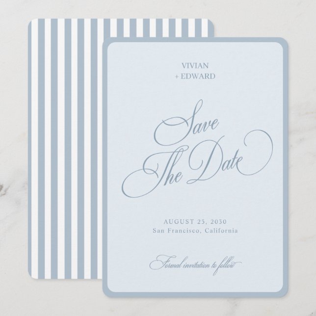 Reserva La Fecha Bodas Retro Elegantes con Rayas Azules Costeras Fr (Anverso / Reverso)