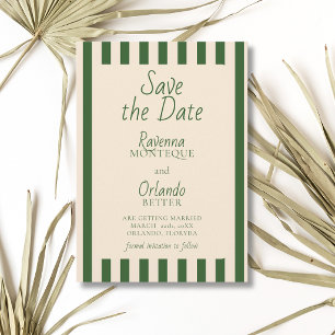 Reserva La Fecha Bodas Retro Minimalistas con Rayas Verde Botella