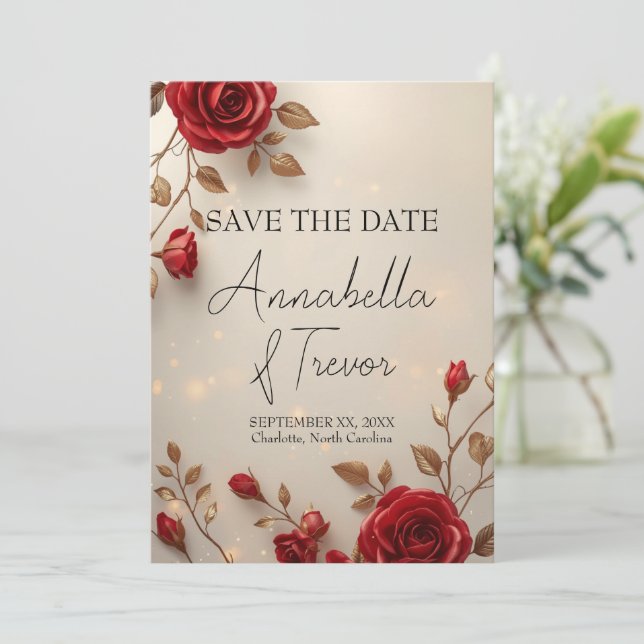 Reserva La Fecha Bodas románticas con rosas rojas encantadas y luce (Anverso de pie)