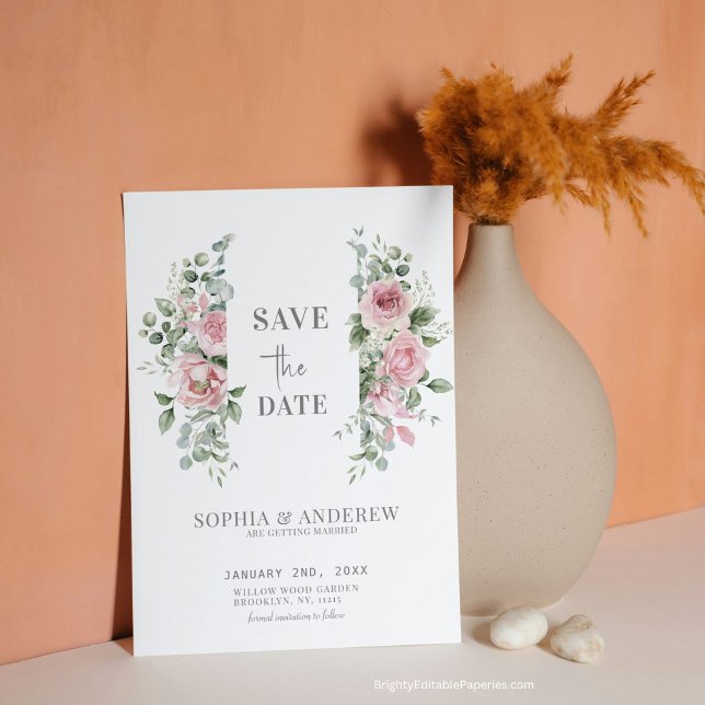 Reserva La Fecha Bodas románticas y atemporales de peonías y eucali (Announce your love in style with our Romantic Peonies Eucalyptus Save the Date )