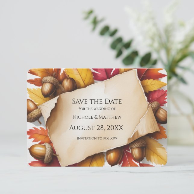 Reserva La Fecha Bodas rústicas de hojas de otoño y bellotas (Anverso de pie)