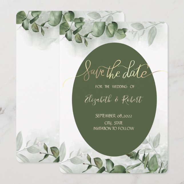 Reserva La Fecha Boho Acuarela Eucalipto Verdor Salva La Fecha (Anverso / Reverso)