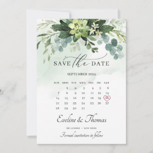 Reserva La Fecha Boho acuarela verde suculento boda floral
