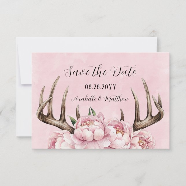 Reserva La Fecha Boho Antler con el Boda de los pueblos rosados (Anverso)