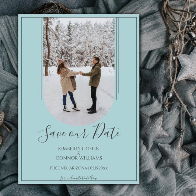 Reserva La Fecha Boho Arch Foto Guardar la Fecha | Verde azulado (Teal Arch Photo Save the Date)