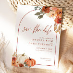 Reserva La Fecha Boho Arch Pumpkin Fall Floral Terracotta<br><div class="desc">Guardar las invitaciones de The Date en hermosos colores de otoño con calabazas y florales.</div>