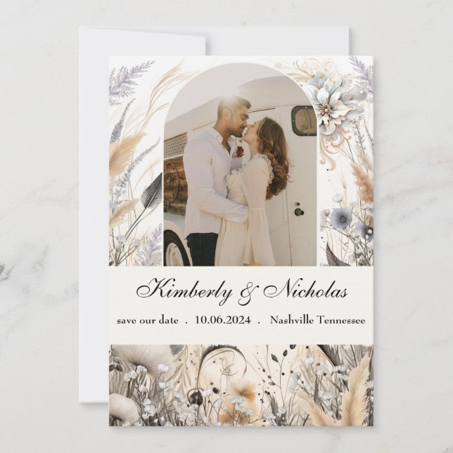 Reserva La Fecha Boho Arco Rústico Terroso Pampas Floral Botánico (Anverso)