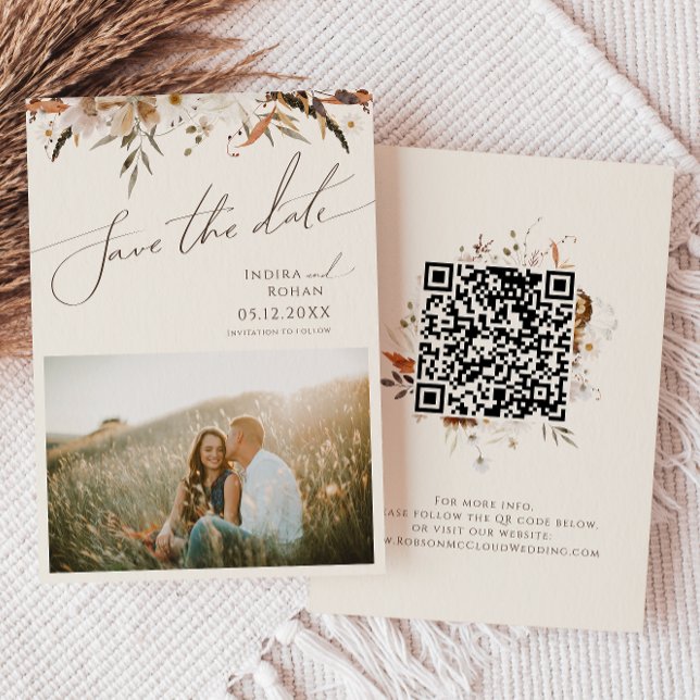 Reserva La Fecha Boho Autumn Wildflower | Foto Beige Código QR (Subido por el creador)
