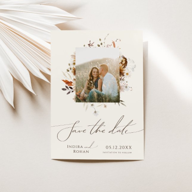 Reserva La Fecha Boho Autumn Wildflower | Marco fotográfico beige (Subido por el creador)