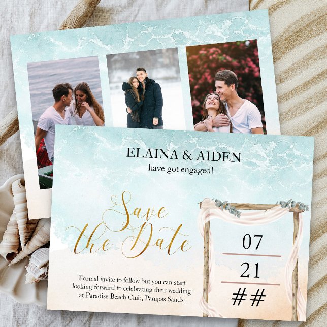 Reserva La Fecha Boho Beach Arbor Boda 3 Foto (3 Photo Ocean Beach Themed Save the Date with gold calligraphy - Boho Beach Collection)