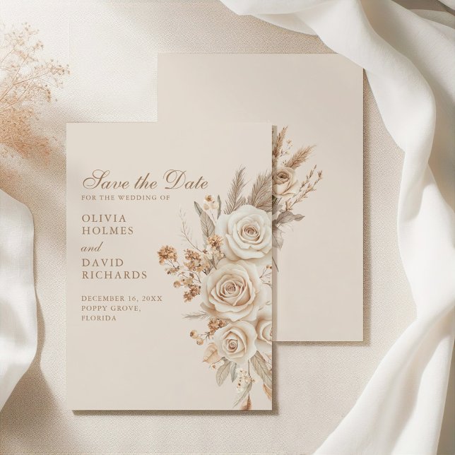 Reserva La Fecha Boho Beige Dried Flowers y Rosas Boda (Boho Beige Dried Flowers and Roses Wedding Save The Date on an elegant silky tablecloth)