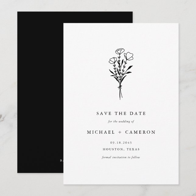 Reserva La Fecha Boho Black Minimalista Bouquet Botánico (Anverso / Reverso)